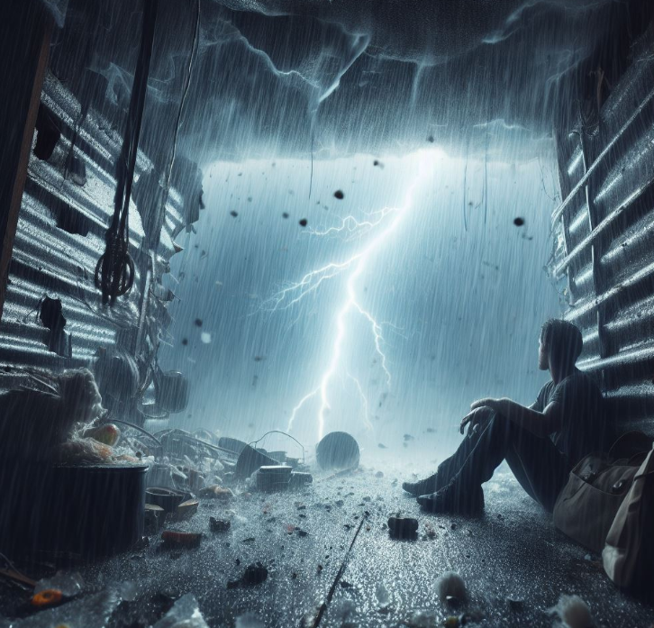 Amidst the terrifying fury of a monstrous storm, with skies overwhelmed by menacing clouds and lightning tearing across the horizon, a secure storm shelter stands as your ultimate haven. Imagine the peace of mind, knowing you have a safe refuge that shields you and your loved ones from the relentless power of nature's wrath. Perfect for ensuring safety and tranquility in the face of unpredictable and fearsome weather conditions.